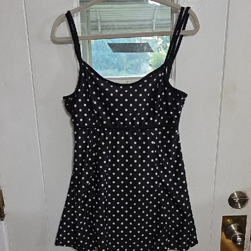 Danify Womens Swimdress Black/White Polka Dot Adjustable Cruisewear Sz 48/XL EUC